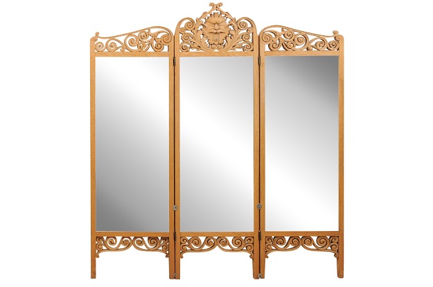 SOLD - French 1890s Three-Part Carved and Mirrored Dressing Screen with Sun Mascaron