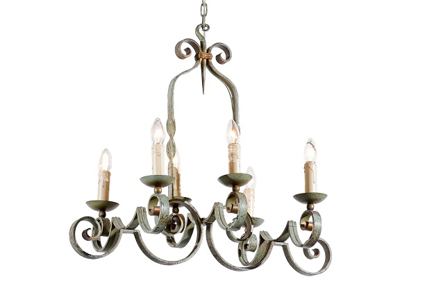 French 19th century Painted Iron Six-Light Chandelier with Scrolling Arms