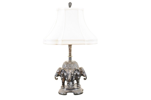 SOLD - English 19th Century Victorian Period Metal Lamp Depicting Four Asian Elephants