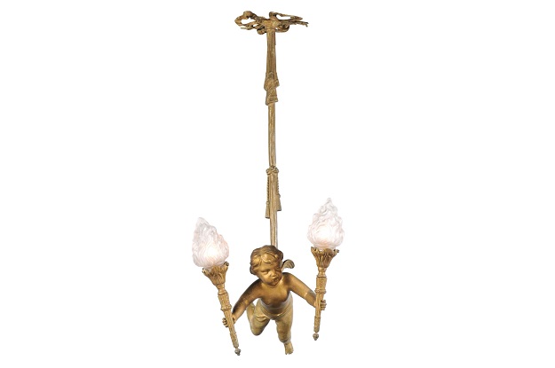French Baroque Style Gilt Bronze Chandelier with Cherub Holding Two Torches