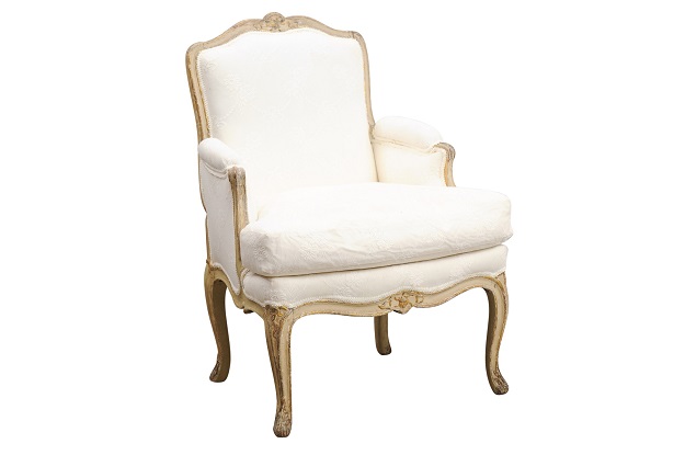 ON HOLD - French 1890s Louis XV Style Painted and Carved Wooden Bergère with Lace Fabric