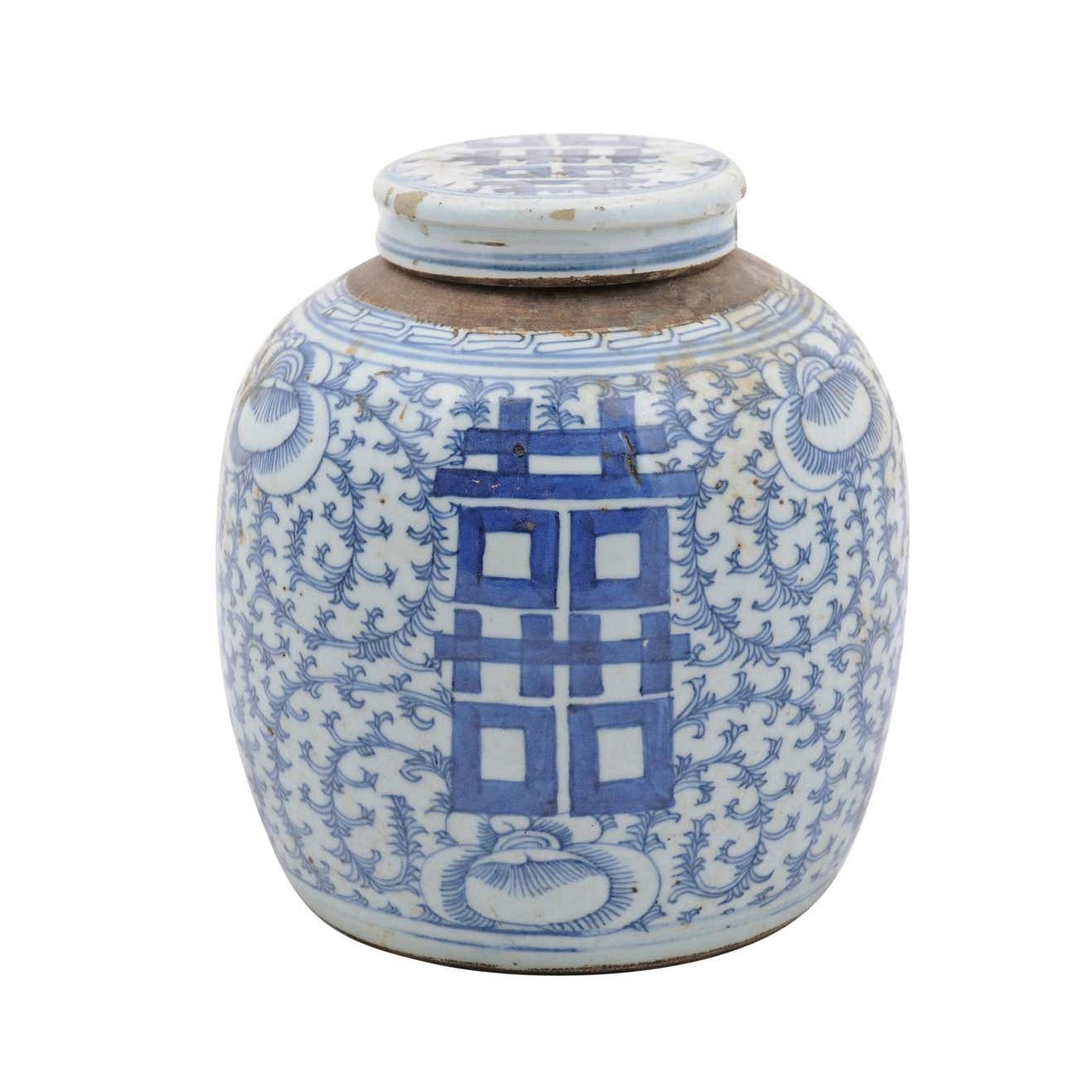 ON HOLD:  Chinese Export Early 20th Century Blue and White Double Happiness Lidded Jar