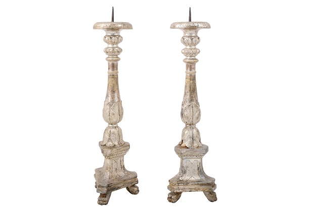 Pair of 1850s Italian Silver Gilt Candlesticks with Carved Waterleaves