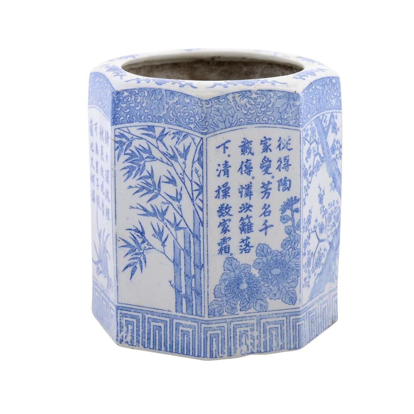Chinese Blue and White Hexagonal Porcelain Vase with Hand-Painted Foliage Décor