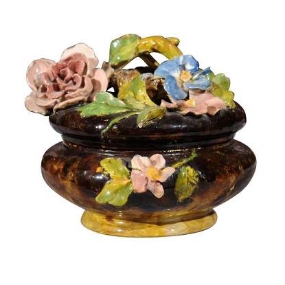 French 19th Century Barbotine Covered Bowl with Floral Décor and Bird
