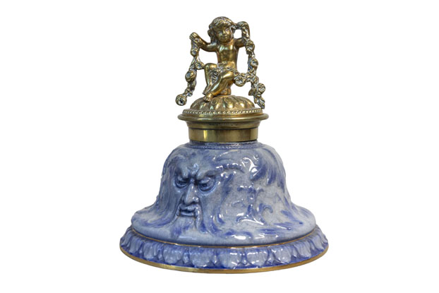 English Victorian Period 19th Century Porcelain Inkwell with Brass Putto Motif