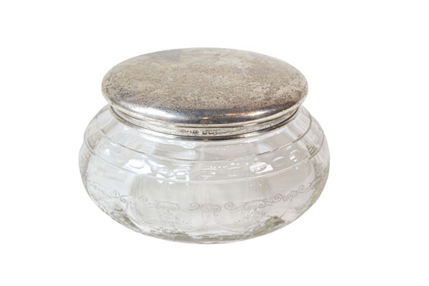 English Victorian 19th Century Glass and Silver Vanity Jar with Etched Design