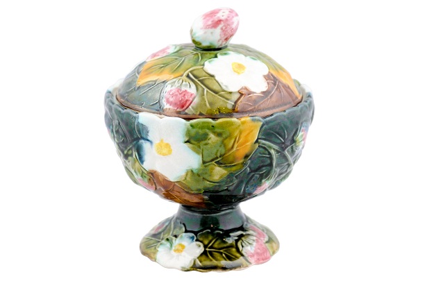 ON HOLD - French 19th Century Lidded Majolica Strawberry Bowl with Flowers and Foliage