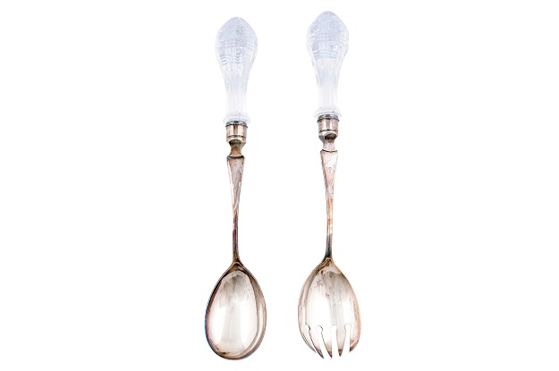 Pair of English Victorian 19th Century Silver Serving Spoons with Glass Handles