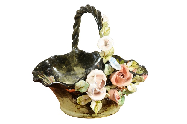 19th Century French Barbotine Jardinière Basket with High Relief Pastel Flowers