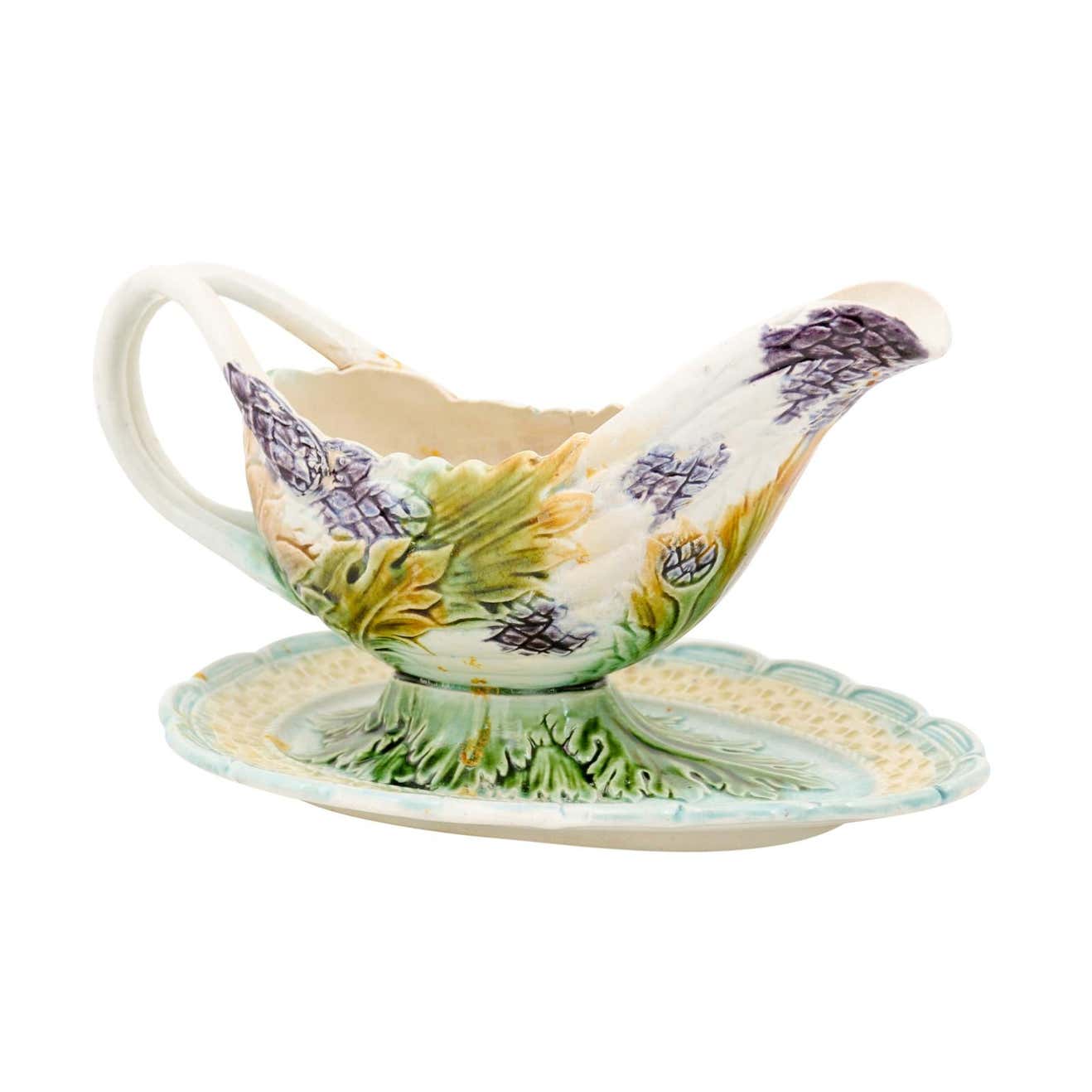 French 19th Century Majolica Gravy Boat with Asparagus Heads and Green Foliage