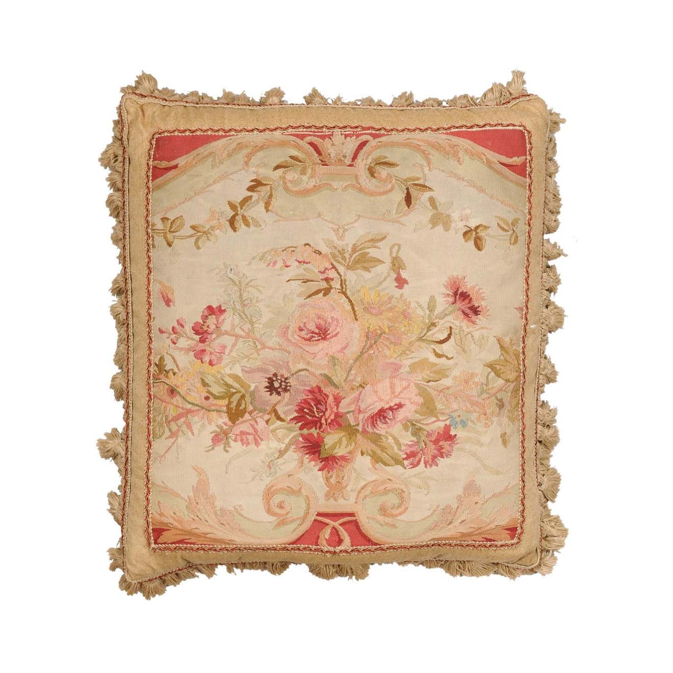 French 19th Century Aubusson Woven Tapestry Pillow with Bouquet and Tassels