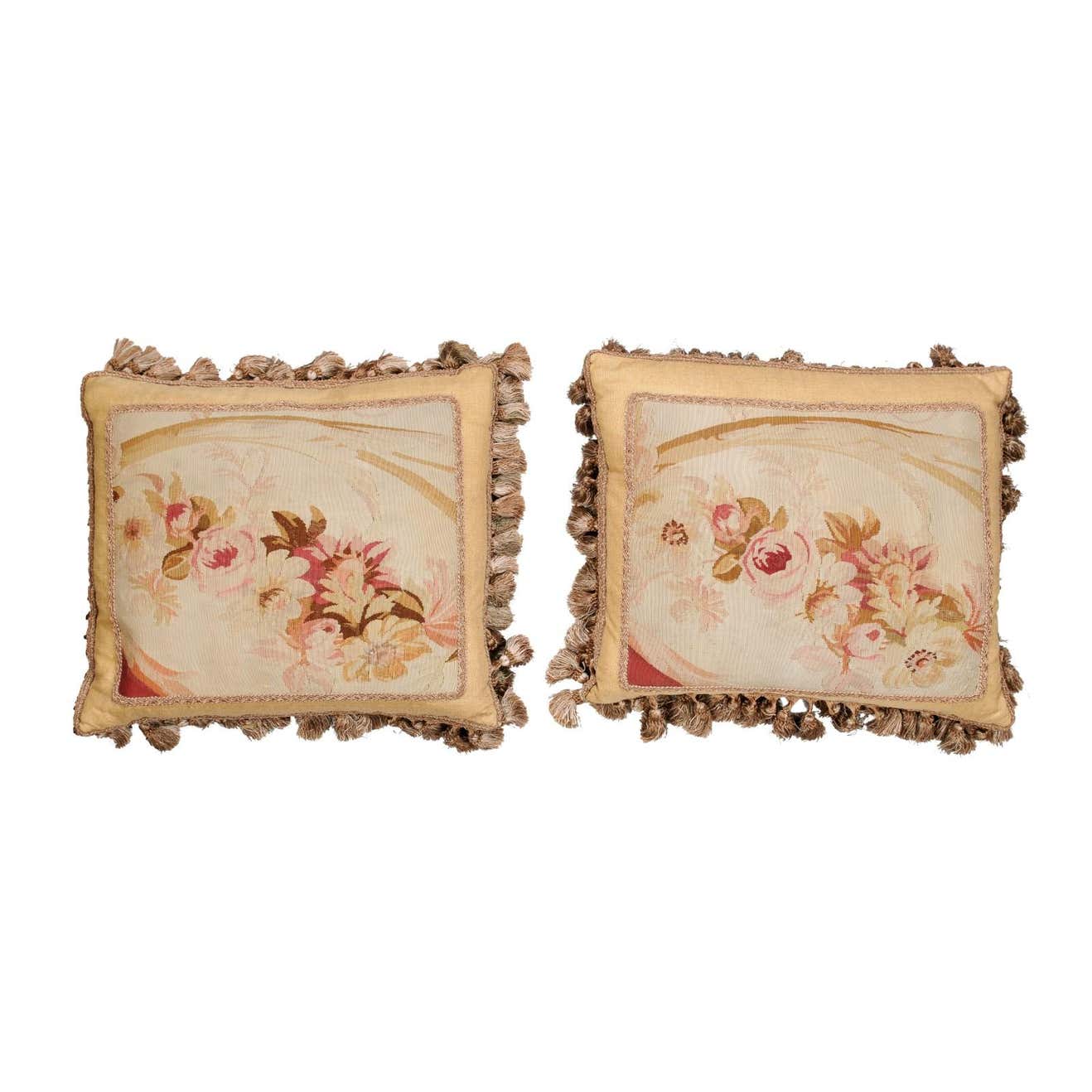 Pair of French 19th Century Aubusson Tapestry Pillows with Roses and Tassels