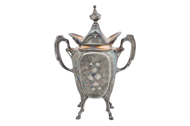 French 19th Century Silver Plated Urn with Large Handles, Lid and Floral Motifs