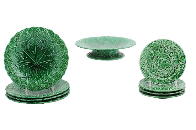 Set of Nine Green Glazed Porcelain Pieces with Eight Plates and Single Compote
