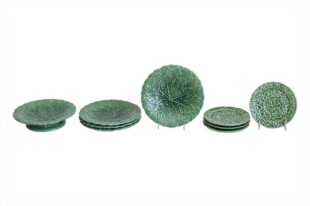 Set of Nine Green Glazed Porcelain Pieces with Eight Plates and Single Compote 4 AVAIL