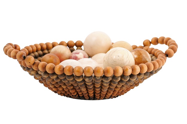 English 20th Century Decorative Wooden Bead Basket with Assortment of Balls