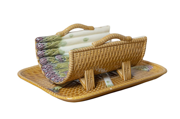 French 19th Century Majolica Asparagus Tray with Cradle and Wicker Motif