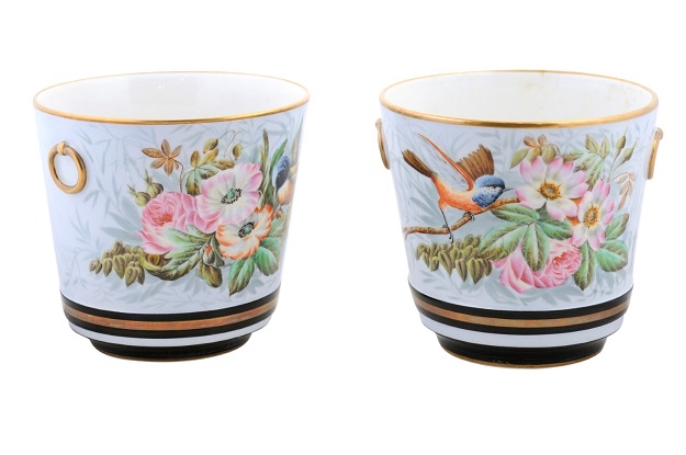 Pair of French 19th Century Paris Porcelain Cachepots Planters with Bird Motifs