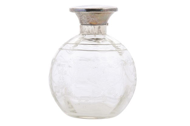 Small English 20th Century Glass Vanity Bottle with Silver Lid and Etched Design