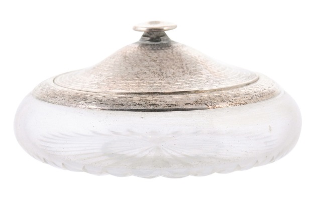 SOLD - Small English 19th Century Glass Vanity Jar with Silver Lid and Etched Design