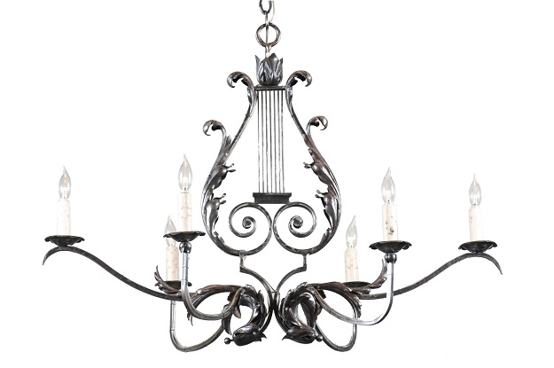 French 19th Century Six-Light Iron Chandelier with Lyre and Acanthus Leaf Motifs