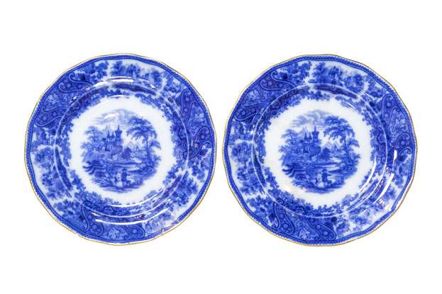 Two English Burgess & Leigh Middleport Plates with Flow Blue Nonpareil Patterns