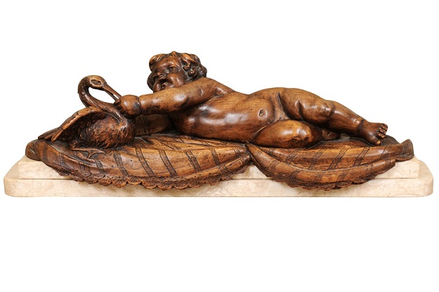 French 1880s Carved Walnut Putto Feeding a Swan Sculpted Group on Marble Base