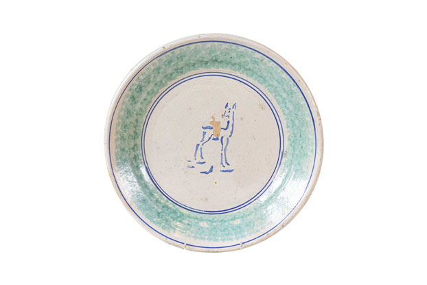 Northern Italian 1910s Pottery Platter with Blue Deer Motif and Weathered Patina