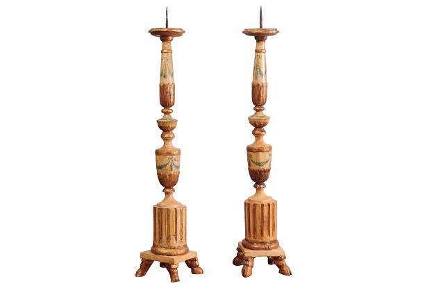 Pair of 18th Century Neoclassical Painted and Gilded Candlesticks with Hoof Feet