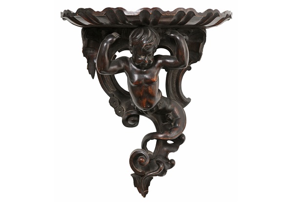 Italian Baroque Style Late 19th Century Fruitwood Wall Bracket with Carved Putto