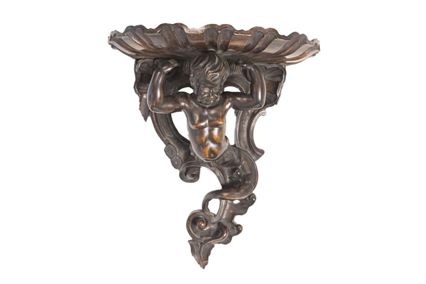 Italian Baroque Style Late 19th Century Fruitwood Wall Bracket with Carved Putto