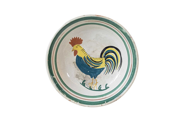 Italian Early 20th Century Pottery Bowl with Rooster Motif and Green Border