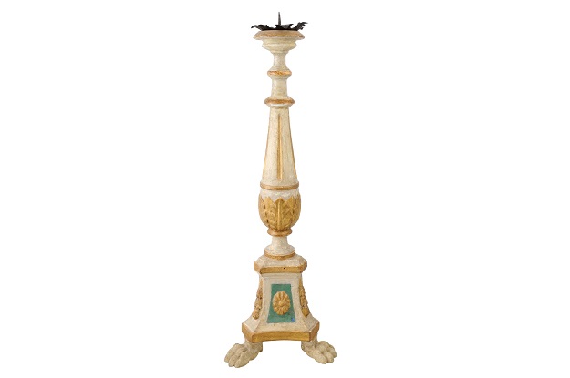 18th Century Painted and Gilt Candlestick from Tuscany with Acanthus Leaves