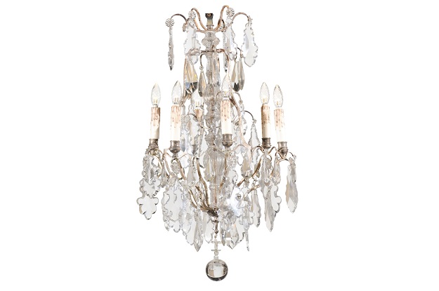 French 19th Century Six-Light Crystal Chandelier with Silvered Armature