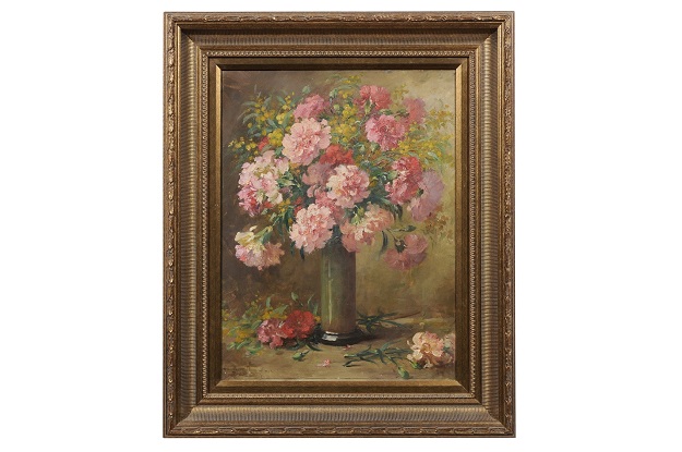 French 19th Century Framed Oil on Canvas Still-Life Painting with Pink Bouquet