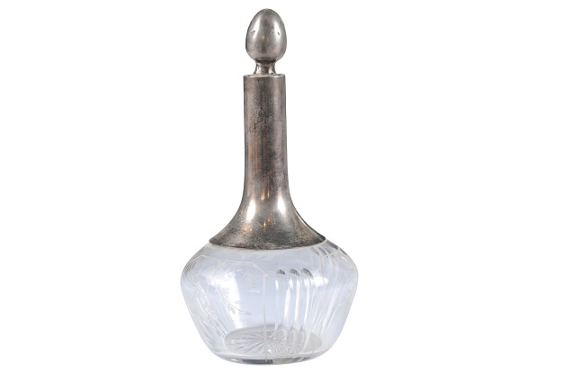 Danish Crystal and Silver Decanter with Stopper and Foliage Engraved Body