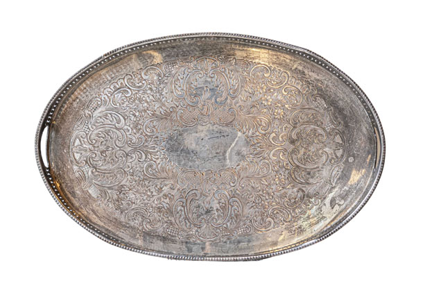 English Edwardian Period Silver Plated Tray with Pierced Motifs and C-Scrolls