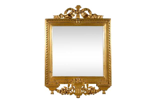 Swedish Gustavian Period Giltwood Mirror, circa 1780 with Ribbon-Carved Crest