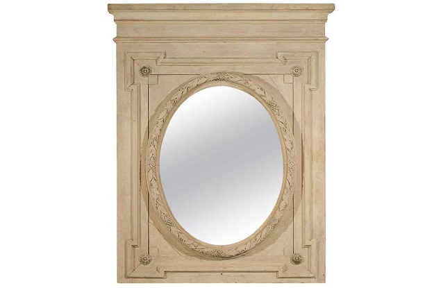 SOLD - French, 1870s Louis XVI Style Painted Trumeau with Oval Garland Carved Mirror