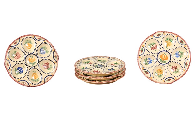 Five French Quimper 19th Century HB Manufacture Oyster Plates with Floral Motifs