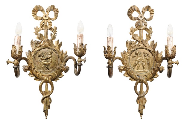 Pair of 1890s French Two-Light Brass Sconces with Ribbon, Cherubs and Satyrs