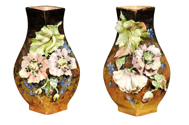 Pair of French 19th Century Vases with Barbotine Décor of Flowers and Leaves