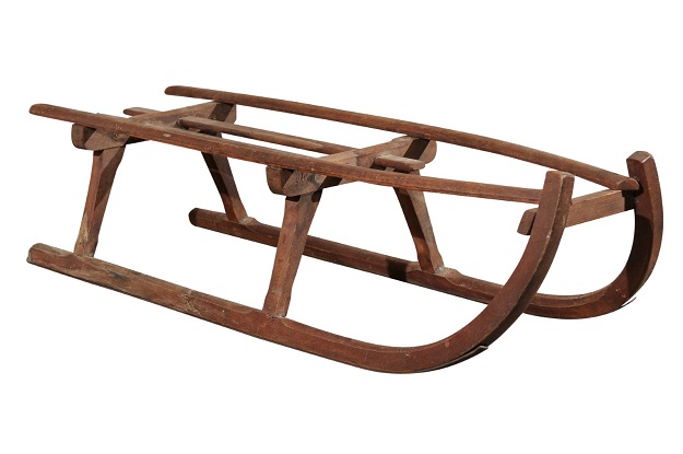 Rustic 19th Century French Wooden Sled with Weathered Patina and Curving Base