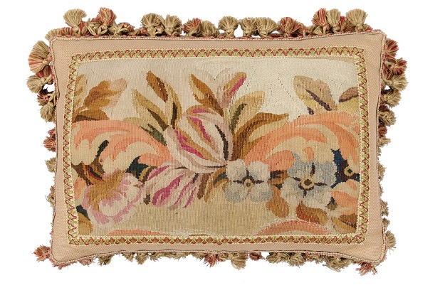 Pillow Made from a 19th Century French Tapestry with Floral Décor and Tassels