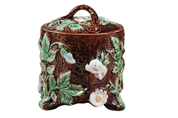 French 19th Century Brown Majolica Lidded Jar with Moulded Floral Décor