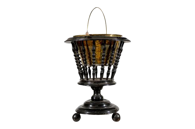 Dutch 1840s Ebonized Wood Jardinière with Brass Liner and Turned Spindles
