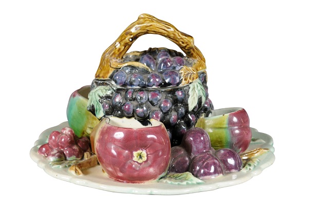 French 19th Century Glazed Majolica Lidded Fruit Dish with Grapes