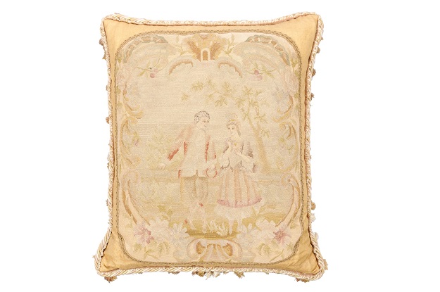 French 19th Century Needlepoint Tapestry Pillow Depicting Two Artistocrates