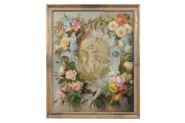 French 19th Century Aubusson Cartoon with Floral Decor Surrounding a Cherub